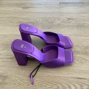 NWT ZARA high heel satin mule in purple — size 6